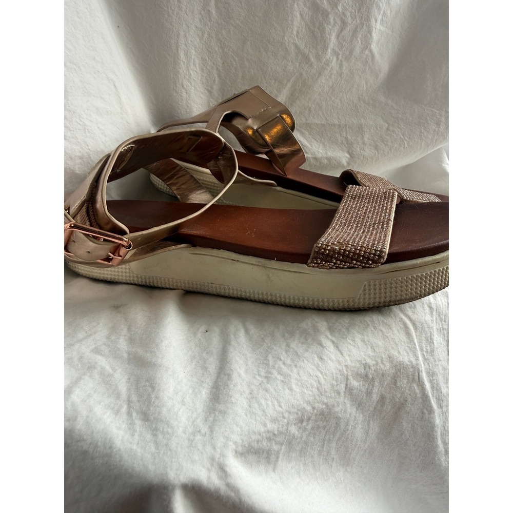 Rose Gold Rhinestone Platform Sandals Metallic Ankle Strap Flatform Shoes - Picture 6 of 7